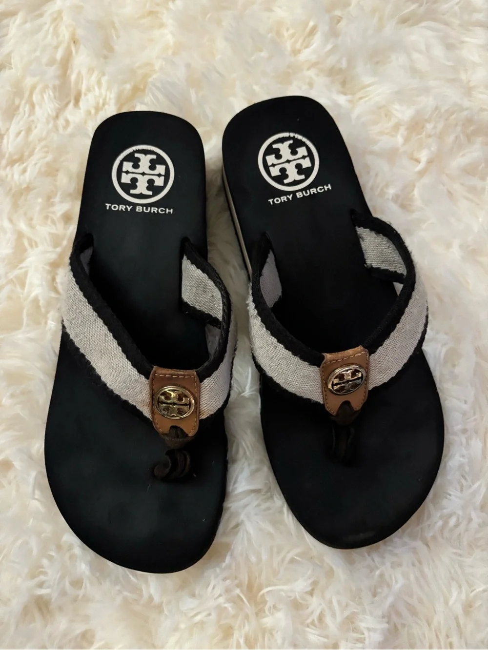 Tory Burch Black Flip Flop Sandals with Cream Straps and Gold Logo
